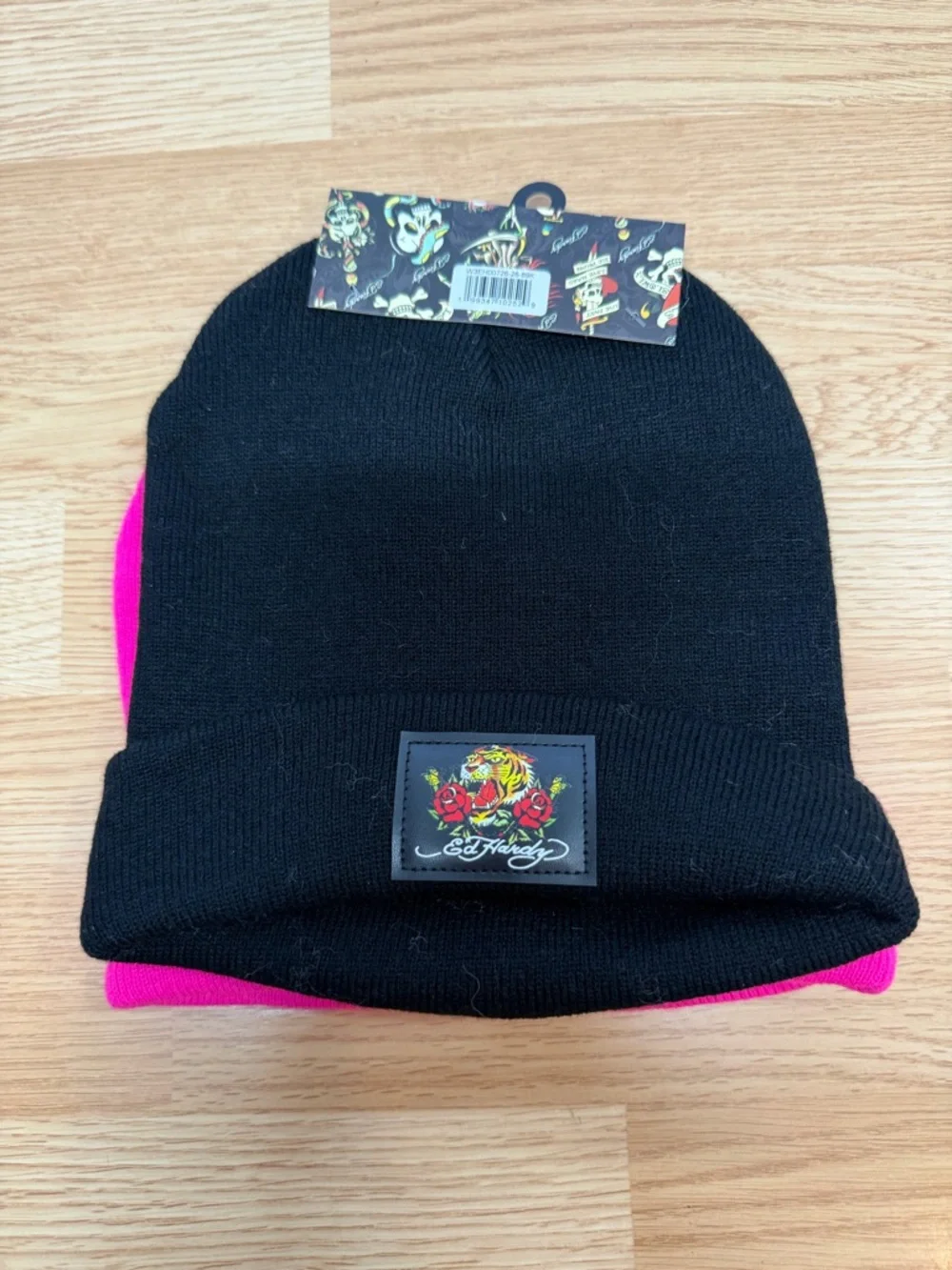 Ed Hardy Beanie Set 2 Pink Graphic + Black Tiger Logo Hat NWT